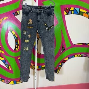 Rebel Love, Black Skinny Jeans with Distressed Look and Patches. Size 15/16.